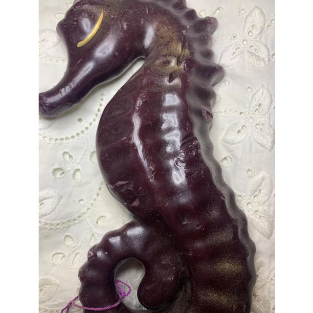 Vintage Large Mid Century Solid Wax Seahorse Candle Dark Purple With Gold For Sale - Image 4 of 8