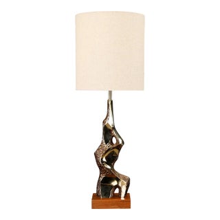 Brutalist Cast Brass and Walnut Table Lamp by Laurel, Usa, 1970s For Sale