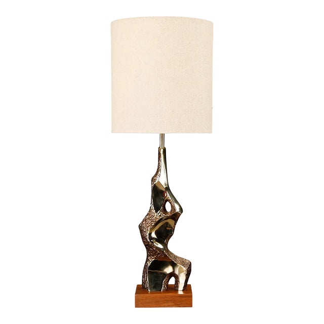 Brutalist Cast Brass and Walnut Table Lamp by Laurel, Usa, 1970s For Sale