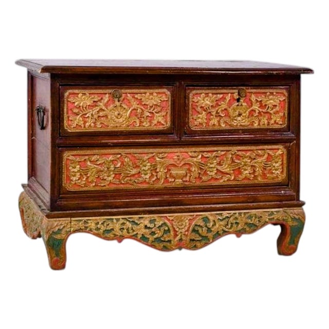 Antique Chinese Hand-Carved Wood Chest With Gilt Details For Sale