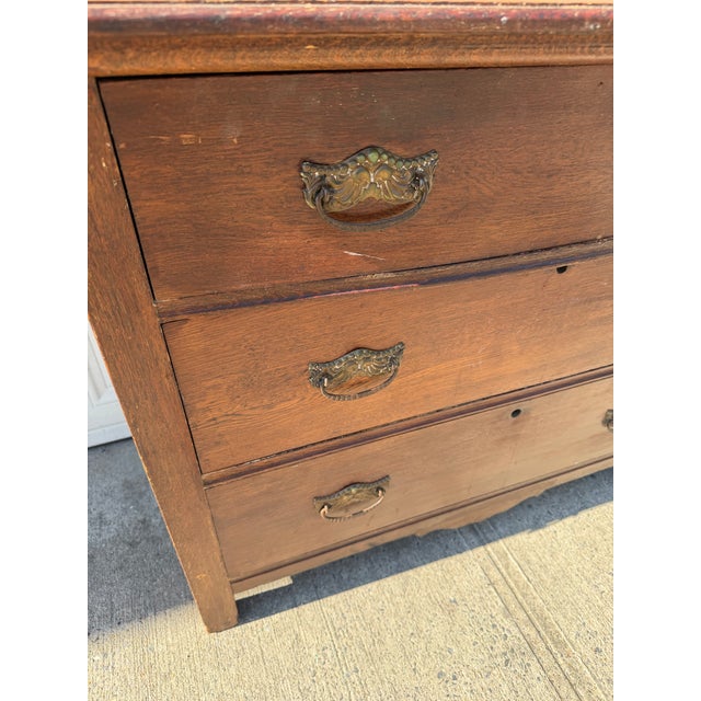 Antique Victorian Arts & Crafts Oak Chest of Drawers With Decorative Brass Pulls, Circa 1900 For Sale - Image 12 of 12