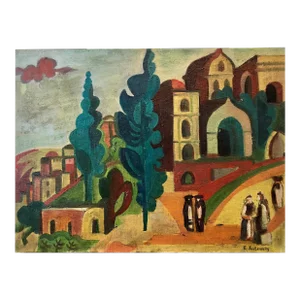 Emmanuel Snitkovsky, Outside the Synagogue Russian Judaica Oil Painting, c.1980s