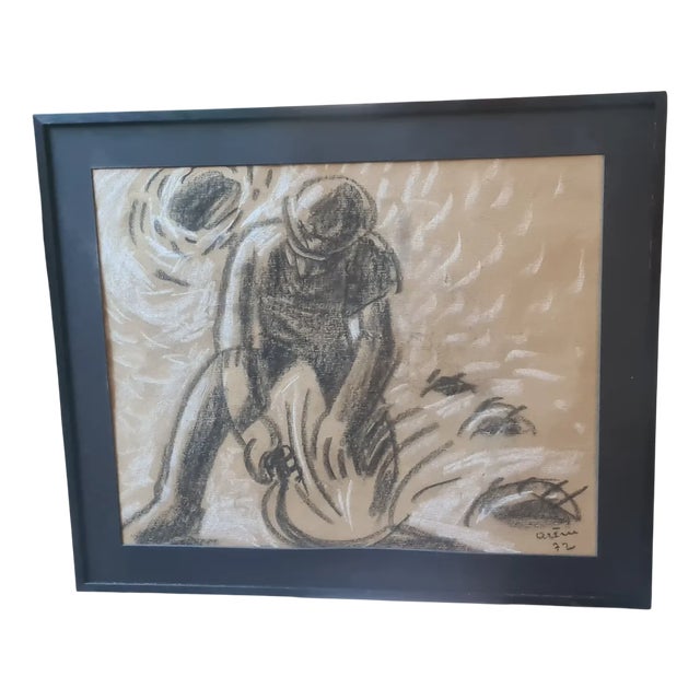 Jean Arene, Le Faucheur, 1972, Chalk and Pastel on Paper, Framed For Sale
