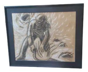 Jean Arene, Le Faucheur, 1972, Chalk and Pastel on Paper, Framed