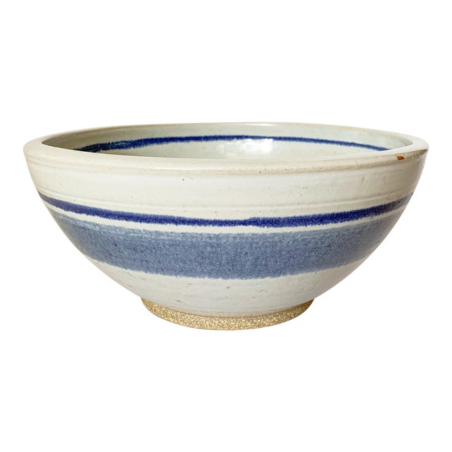 Vintage Large Studio Pottery Blue Striped Bowl For Sale