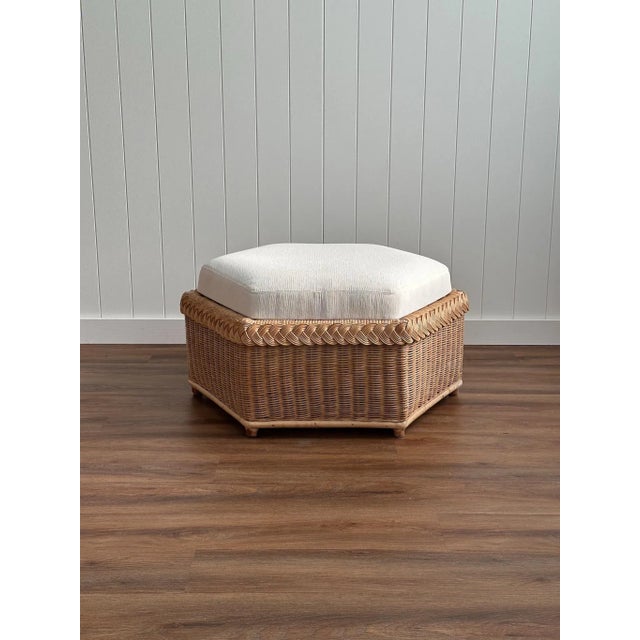 Vintage Coastal Brown Jordan Braided Rattan Hexagonal Ottoman For Sale - Image 11 of 12