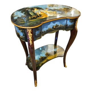 Hand-Painted French Louis XV Side Table With Romantic Scenic Artwork, Gold Leaf & Bronze Mounts For Sale