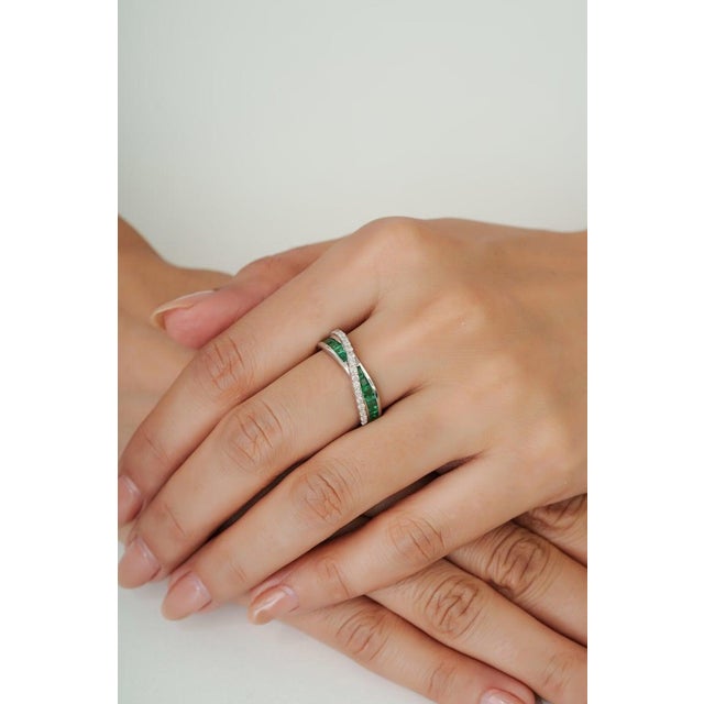 Emerald and Diamond Infinity Twist Ring in Sterling Silver, Size 7.5 For Sale - Image 6 of 12