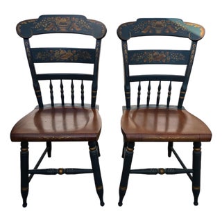 Pair of Vintage Hitchcock Plank Bottom Dining Side Chairs Paint Decorated For Sale