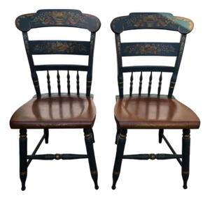 Pair of Vintage Hitchcock Plank Bottom Dining Side Chairs Paint Decorated