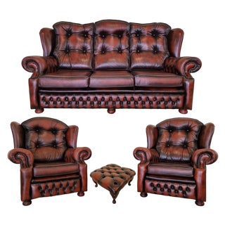 Chesterfield Leather Living Room Set, 1970s, Set of 4 For Sale