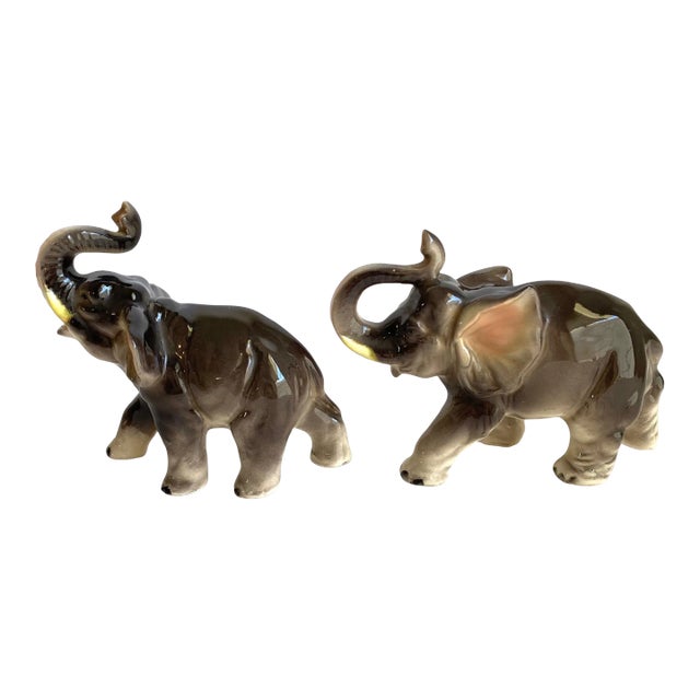 Vintage 1960s Ceramic Elephants Figurines Good Luck Trunks Up a Pair