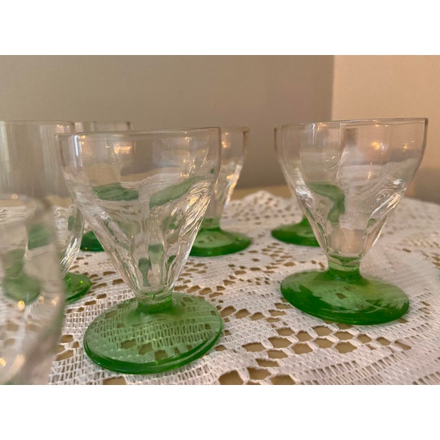 Art Deco Vintage Art Deco Uranium Glass Aperitif Glasses With Emerald Green Bases - Set of 10 For Sale - Image 3 of 6