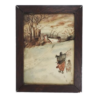 Antique Winter Scene Gathering Firewood Watercolor Painting For Sale