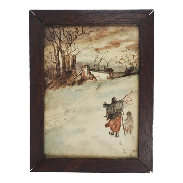 Antique Winter Scene Gathering Firewood Watercolor Painting For Sale