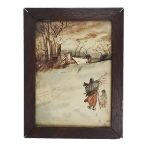 Antique Winter Scene Gathering Firewood Watercolor Painting