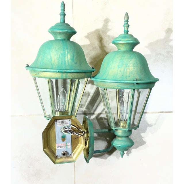 Pair Vintage Solid Brass Verdigris Carriage Lanterns-Traditional Colonial Style For Sale - Image 10 of 16