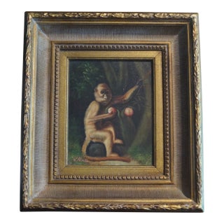 1980s K. Mills Painting of a Fancy Monkey With Fruit For Sale