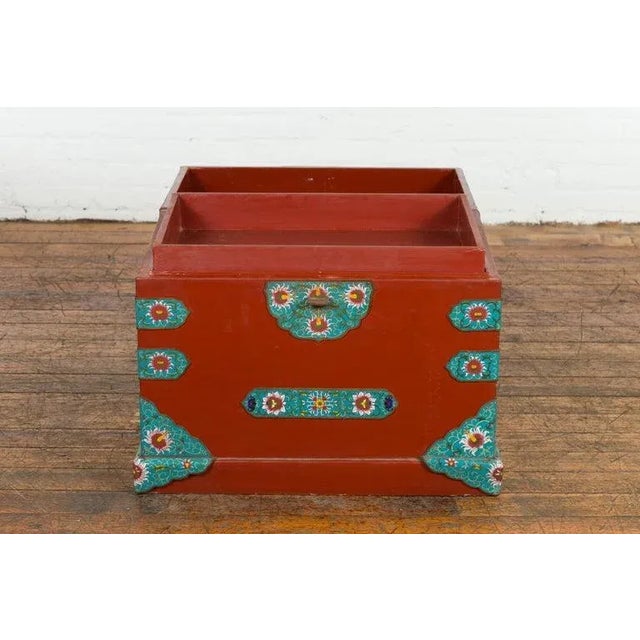 Vintage Chinese Blanket Chest with Red Lacquer & Cloisonné Floral Décor For Sale - Image 4 of 13
