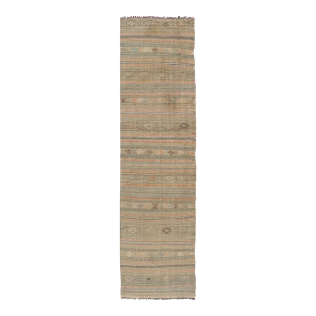 Mid 20th Century Geometric Embroidered Vintage Turkish Flat-Weave Runner in Warm Tones For Sale