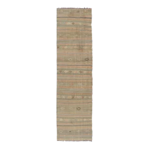 Mid 20th Century Geometric Embroidered Vintage Turkish Flat-Weave Runner in Warm Tones