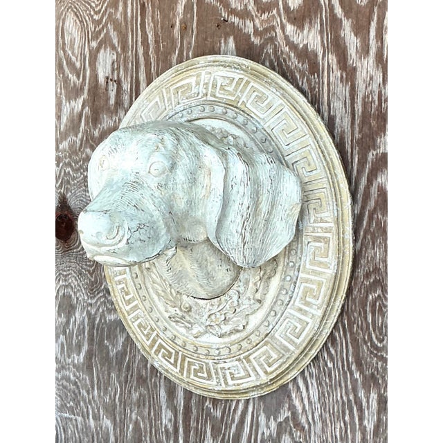 Late 20th Century Vintage Boho Greek Key Carved Dog Wall Hanging For Sale - Image 5 of 8