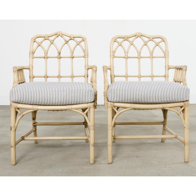 McGuire Set of Six McGuire Rattan Cathedral Back Rattan Dining Chairs For Sale - Image 4 of 18