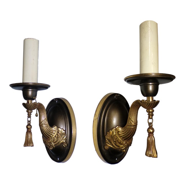 Vintage Pair Art Nouveau Gilt Brass Sconces Wall Lamp Fixtures With Tassels For Sale