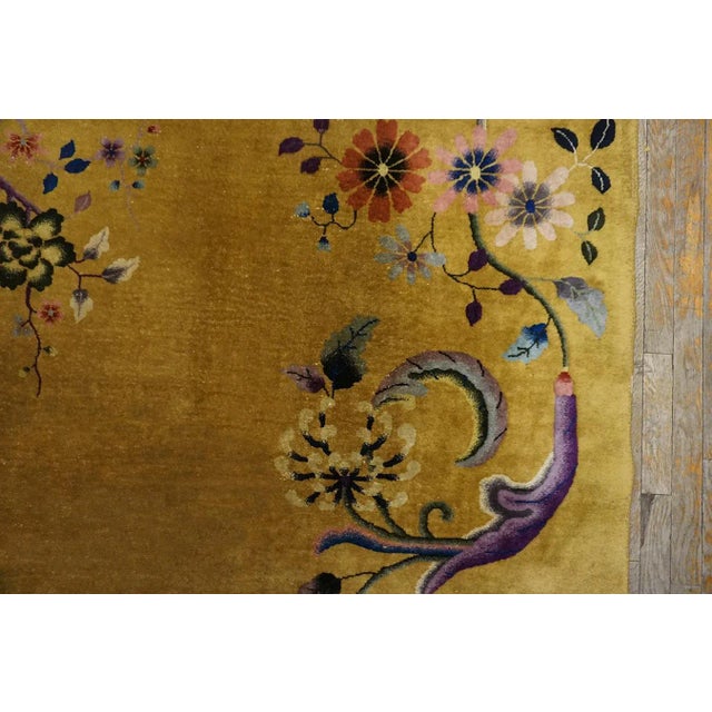 1920s Yellow Saffron Floral Vase Antique Chinese Art Deco Carpet 8'8" X 11'4" Knotted Wool Rug For Sale - Image 9 of 13