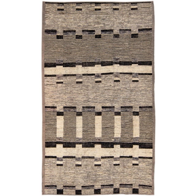 Modern Beige Moroccan Style Handmade Brown Geometric Pattern Wool Rug For Sale - Image 10 of 10