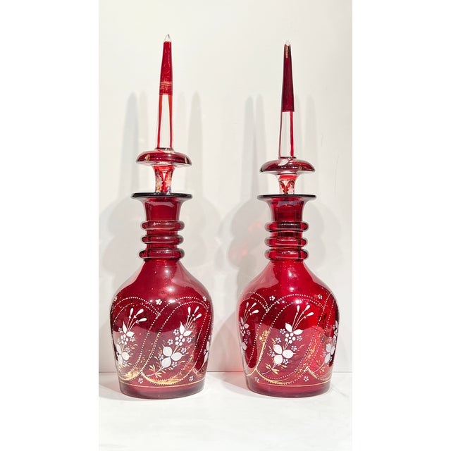 Red Antique Bohemian Gilt Red Glass Decanters- a Pair For Sale - Image 8 of 12