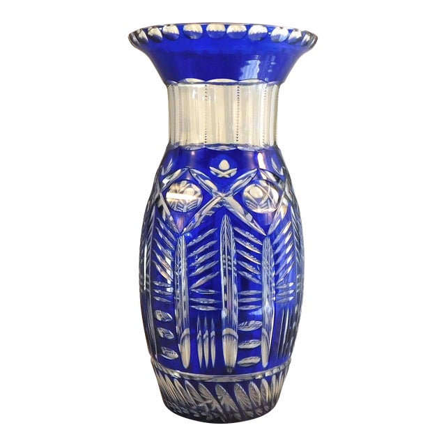 1960s Large Blue Cut to Clear Vase For Sale