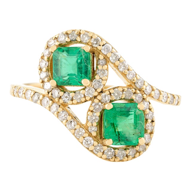 Two Stone Emerald Halo Wedding Ring Gift for Her Size 6.5 For Sale