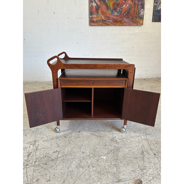 1960s Mid Century Sculpted Rosewood Rolling Bar Cart For Sale - Image 5 of 5