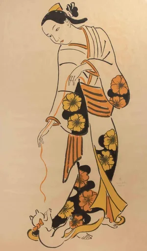 Leonard Tsuguharu Foujita, Geisha Playing with a Kitten, Lithograph, 1926