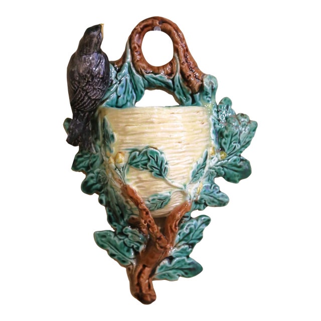 19th Century French Barbotine Wall Pocket With Bird Motif and Oak Leaves For Sale