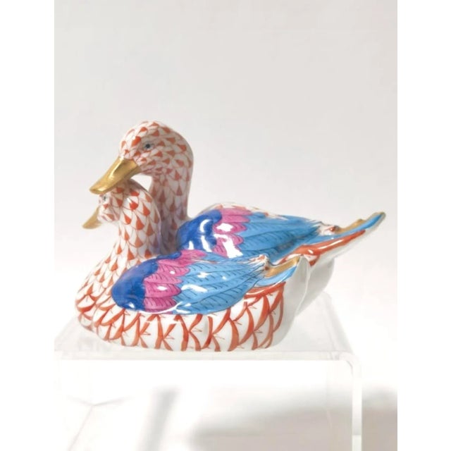 Herend 20th Century Herend Hungary Red Fishnet Porcelain Mandarin Ducks Figurine — 2.75” × 4” For Sale - Image 4 of 5