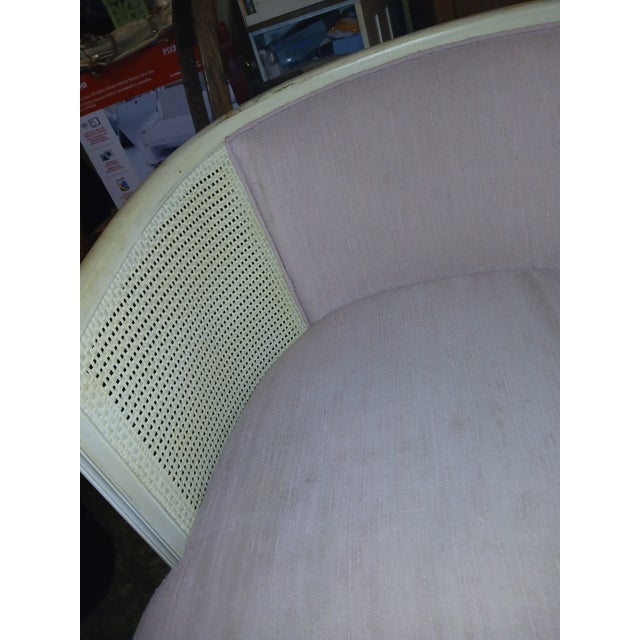 Mid-Century Modern Mid 20th Century Cane Back Barrel Chair Whitewash Wood Pink Slub Linen Upholstery For Sale - Image 3 of 8