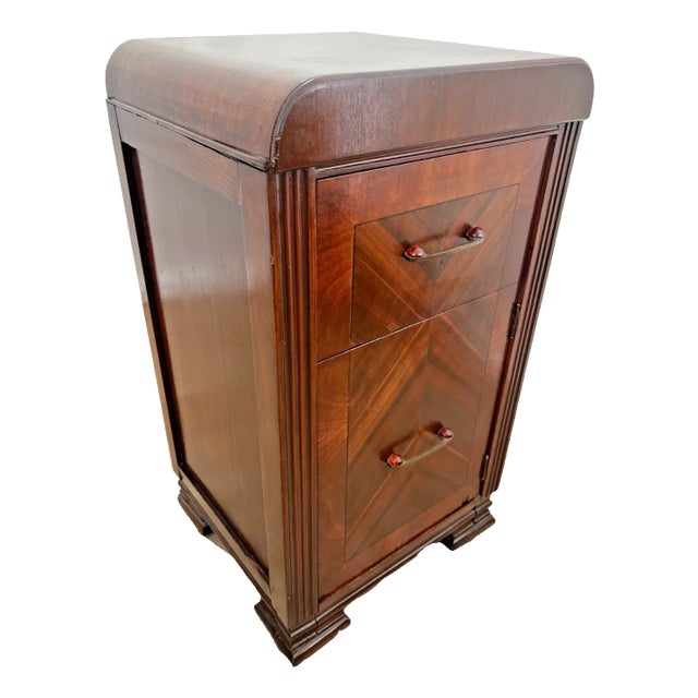 1920s Art Deco Table Nightstand Cabinet Dovetail Drawer Bake Lite Handle Inlays For Sale
