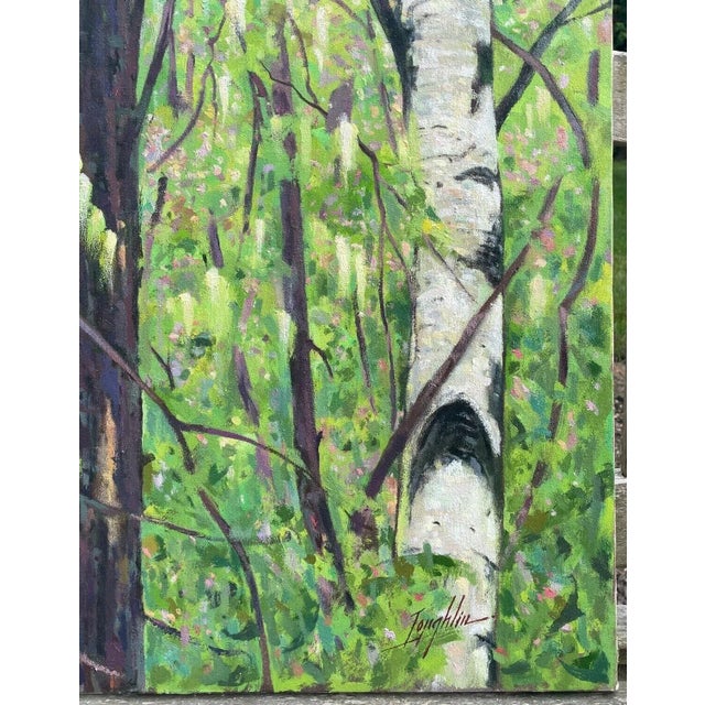 Green Original John Loughlin Springtime Spring in the Forest Landscape Oil Painting For Sale - Image 8 of 11