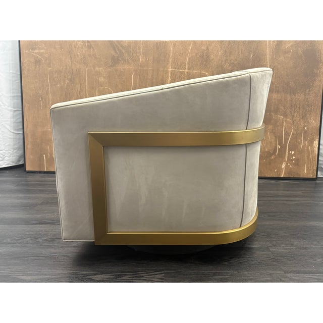 Rh Reginald Chair | Italian Veneto Leather – Ivory | Brass | Black Oak Drifted Base | 360° Swivel For Sale - Image 14 of 18