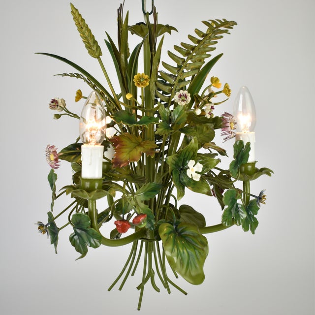 Mid-Century Modern Vintage French Toleware Chandelier Flower Bouquet Green, 1960s For Sale - Image 3 of 12