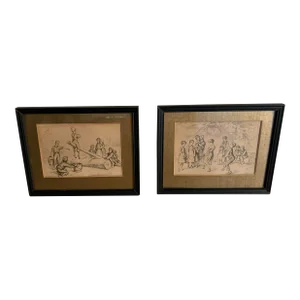 Pair of Framed Ink Drawings in the Style of Hugo Oehichen