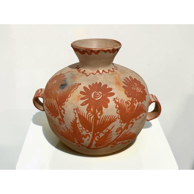 Mexican Vintage Mexican Folk Art Pottery Vase With Hand-Painted Terracotta Florals For Sale - Image 3 of 10
