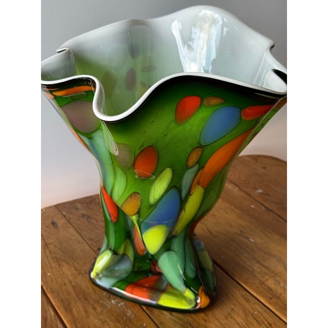 Mid-Century Modern Large 12” Mid-Century Murano Style Splatter Glass Fazzoletto Handkerchief Vase For Sale - Image 3 of 10