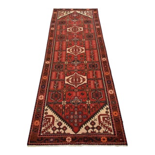 Zanjan Runner 3’8” X 9’7” Red Wool Vintage Tribal Hand-Knotted Oriental Rug For Sale