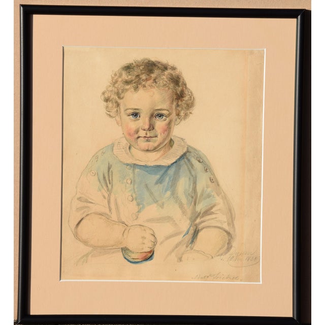Gustav Adolf Friedrich 1824 Dresden – 1889 ibid. 'Portrait of a blond-haired toddler in a blue suit with an apple(?) in...