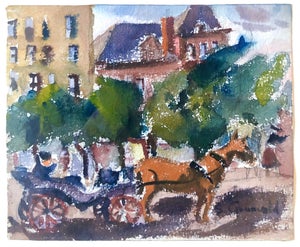 Samuel Grunvald, 1940's American WPA Modernist New York Watercolor Painting 59th st Central Park, c.1940s