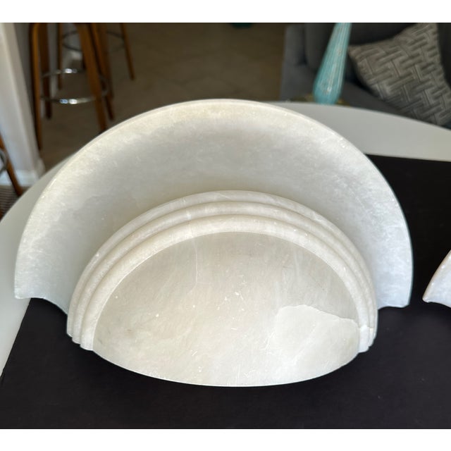 Pair Half Moon Art Deco Style Alabaster Wall Sconces For Sale In Palm Springs - Image 6 of 17