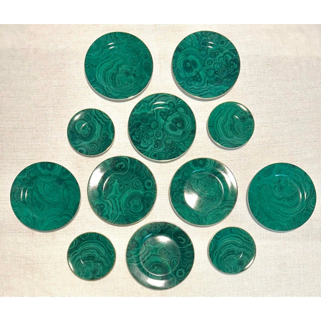 Mid-Century Modern Japanese Neiman Marcus malachite plates, 12-piece set featuring rich green swirls and bold elegance....